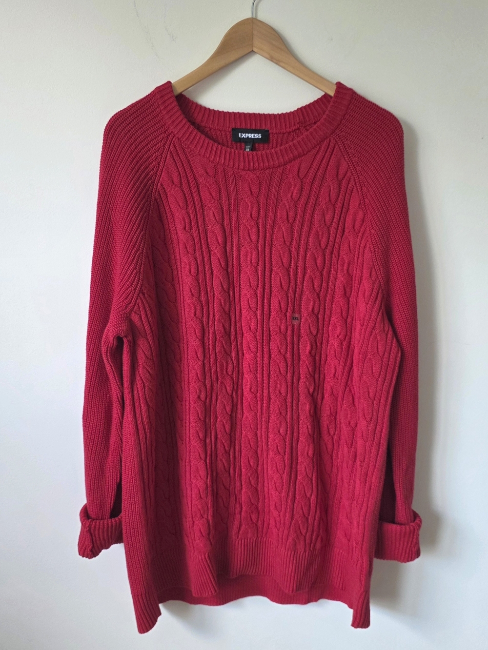 Express Women’s Cable Knit Crew Neck Sweater Red 100% Cotton XXL Relaxed
